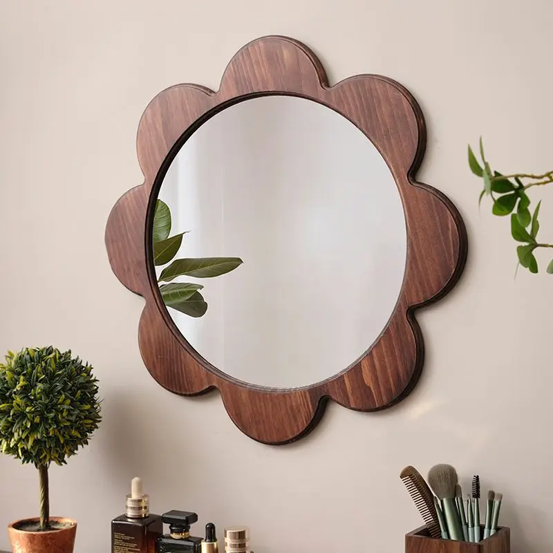Retro Bedroom Wall Mounted Mirror Non Perforated Solid Wood Mirror Homestay Decoration  Wall Mounted Bathroom Mirror