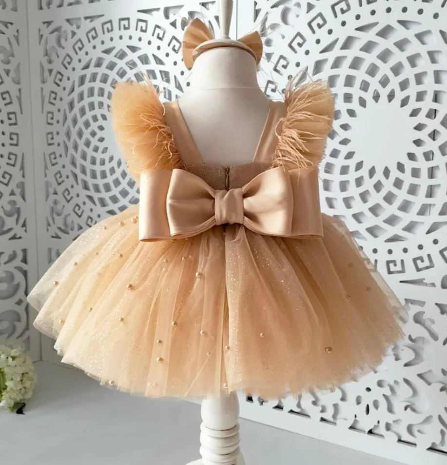 

Gold Tutu Outfit Baby Prom Dress Tulle Gown Toddler First Birthday Dress Wedding Pearl Dress for Special Occasion 12M 9M 24M