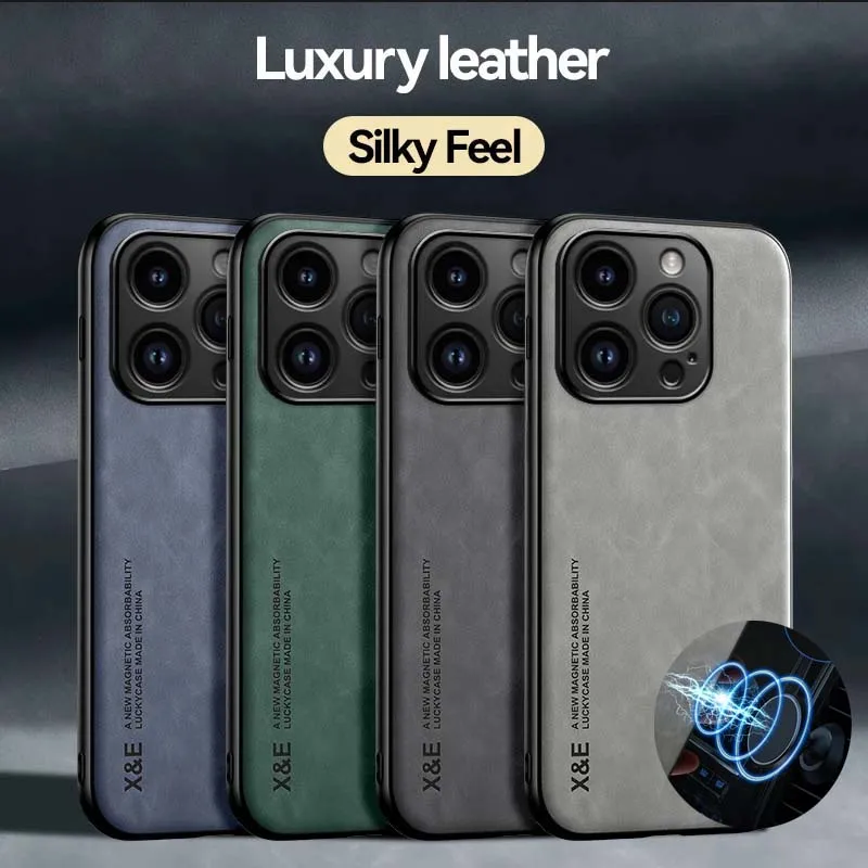 Luxury Leather Case For iPhone 15 14 13 12 11 Pro Max Plus 12 13 Mini X XR XS SE 8 7 Cover With Metal Plate Support Car Hold