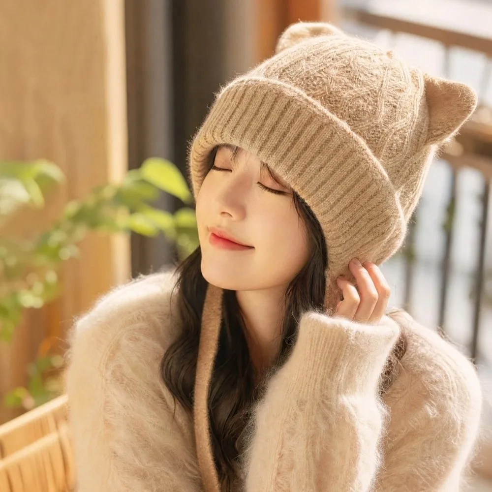 Windproof Cat Ear Knit Hat 3D Cat Ear Warm Knitted Soft Beanie Skin Friendly Stretchy Fit Head Cover Cold Weather Daily Wear