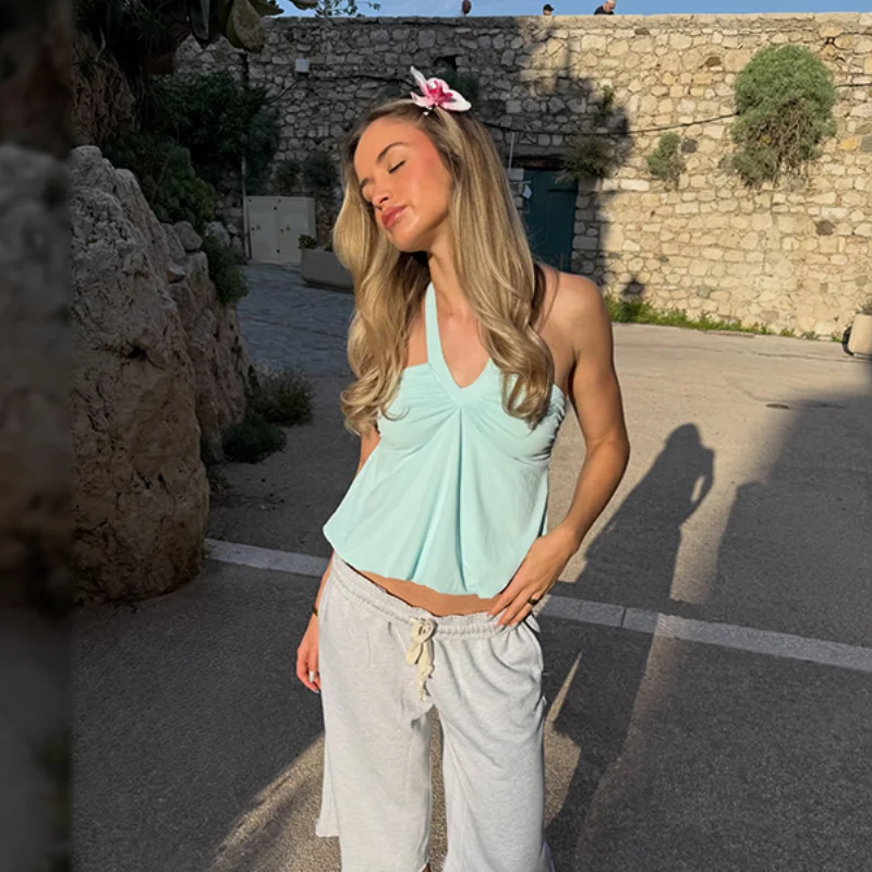 Sweet Coquette Mint Turquoise Halter Camis Top Designers Vintage Stylish Women Tops Glamorous Versatile Trendy Daily Outfit