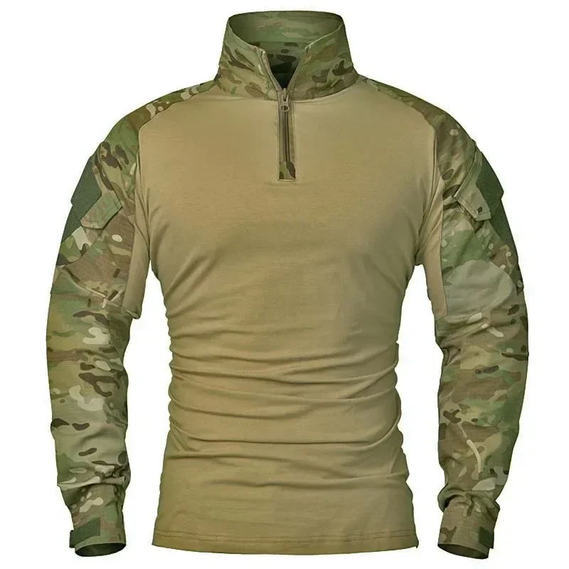 Outdoor Long Sleeve Tactical Shirts CP Combat Shirt 1/4 Zipper Ripstop Cotton Wear-resisting Camo Airsoft T Shirts Men Clothing