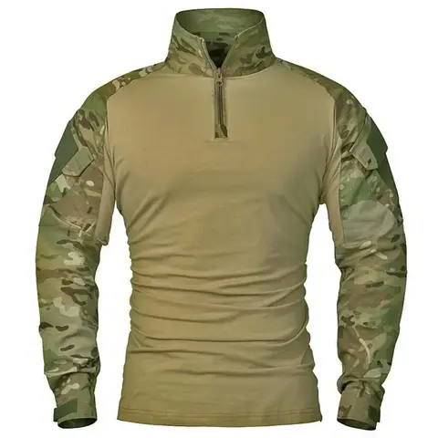 Camisas tácticas de manga larga para exteriores, camisa de combate CP, camisetas de algodón Ripstop con cremallera 1/4, camisetas de camuflaje Airsoft resistentes al desgaste, ropa para hombres