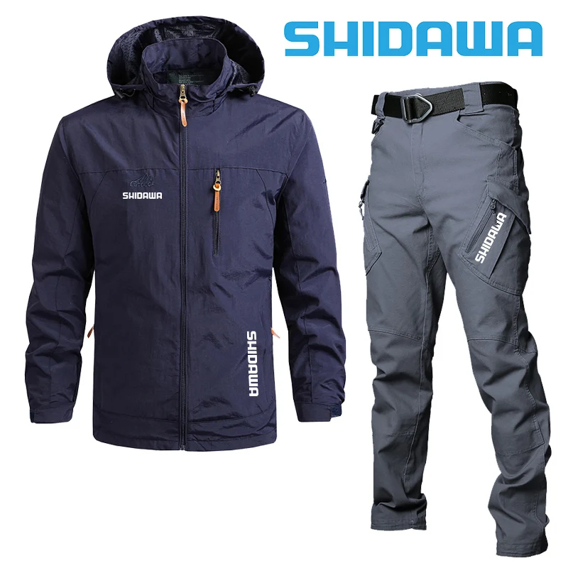 Men's Thin Hooded Fishing Clothes Sets, Windproof Jacket, Waterproof Fishing Pants, Outdoor Sports, Hiking, Summer, Autumn, New