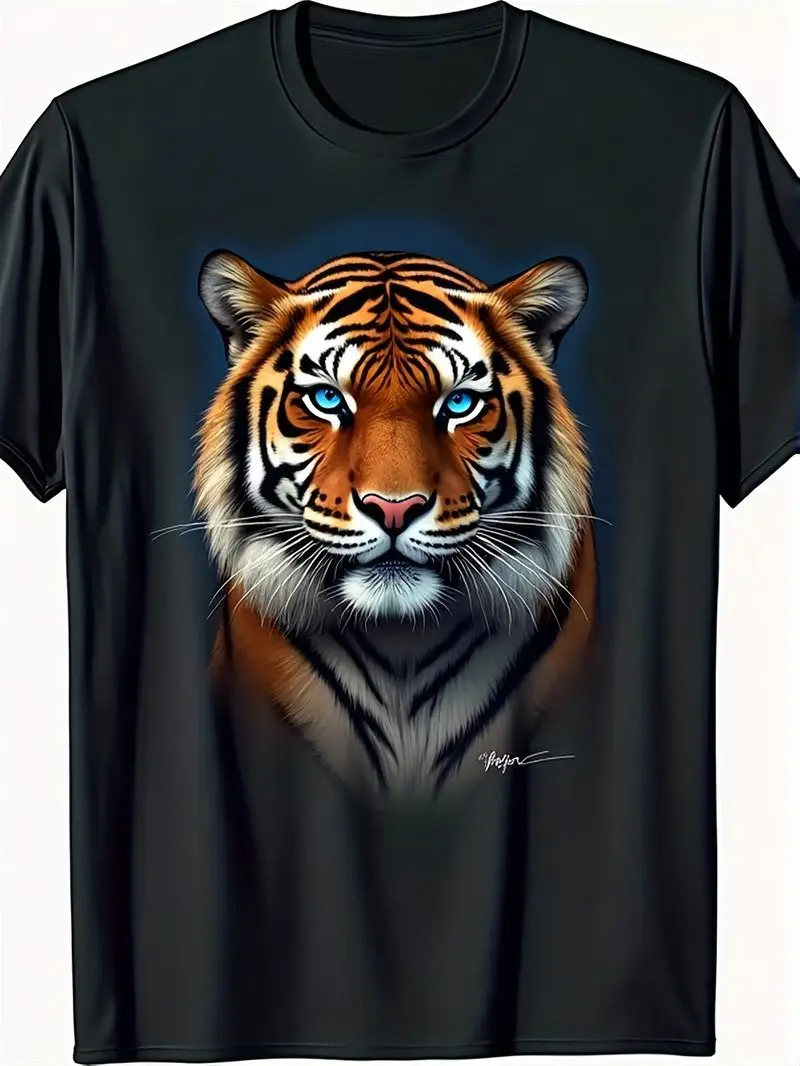 1Pc Men's Bengal Tiger Face T-Shirt 100% Cotton Oversized Streetwear Tee Realistic Tiger Print Plus Size Up To 5Xl 180Gsm Fabric