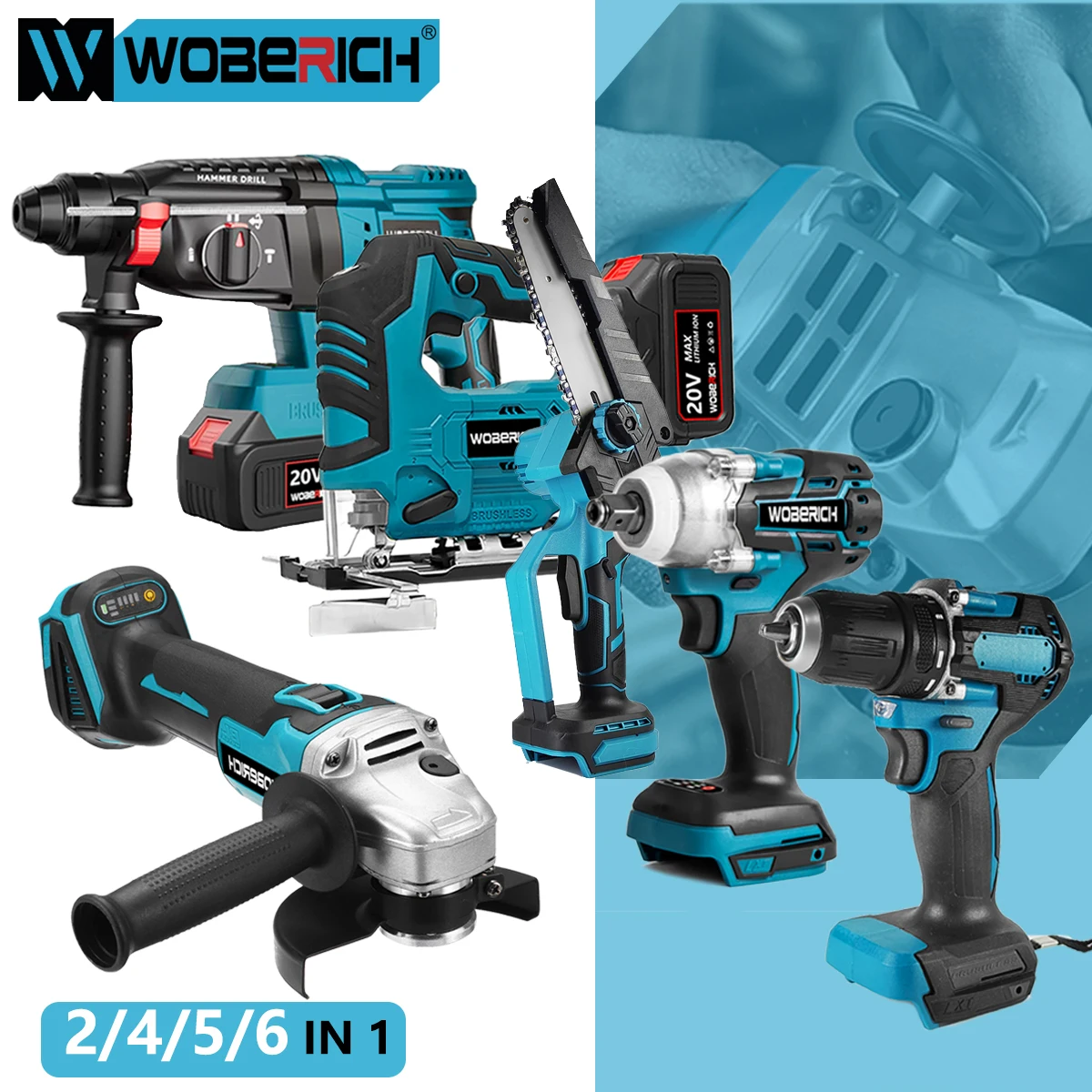 2/4/5/6 IN 1 Brushless Combo Kits Power Sets Cordless Impact Drill Chainsaw Electric jig saw Angle Grinder Electric Circular saw