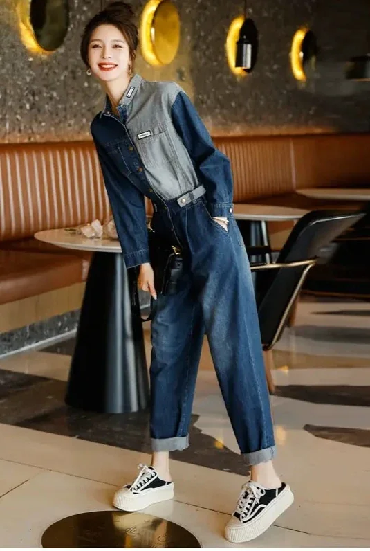 Spring and Autumn New Women's Cowboy Jumpsuit Commuting Patchwork Jeans