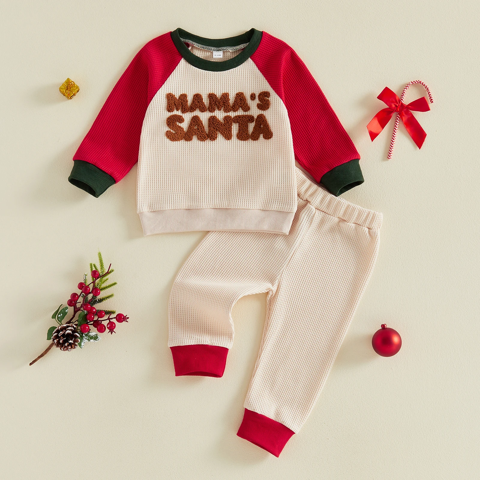 Toddler Baby Boys Christmas Outfit Waffle Long Sleeve Sweatshirt and Pants 2Pcs