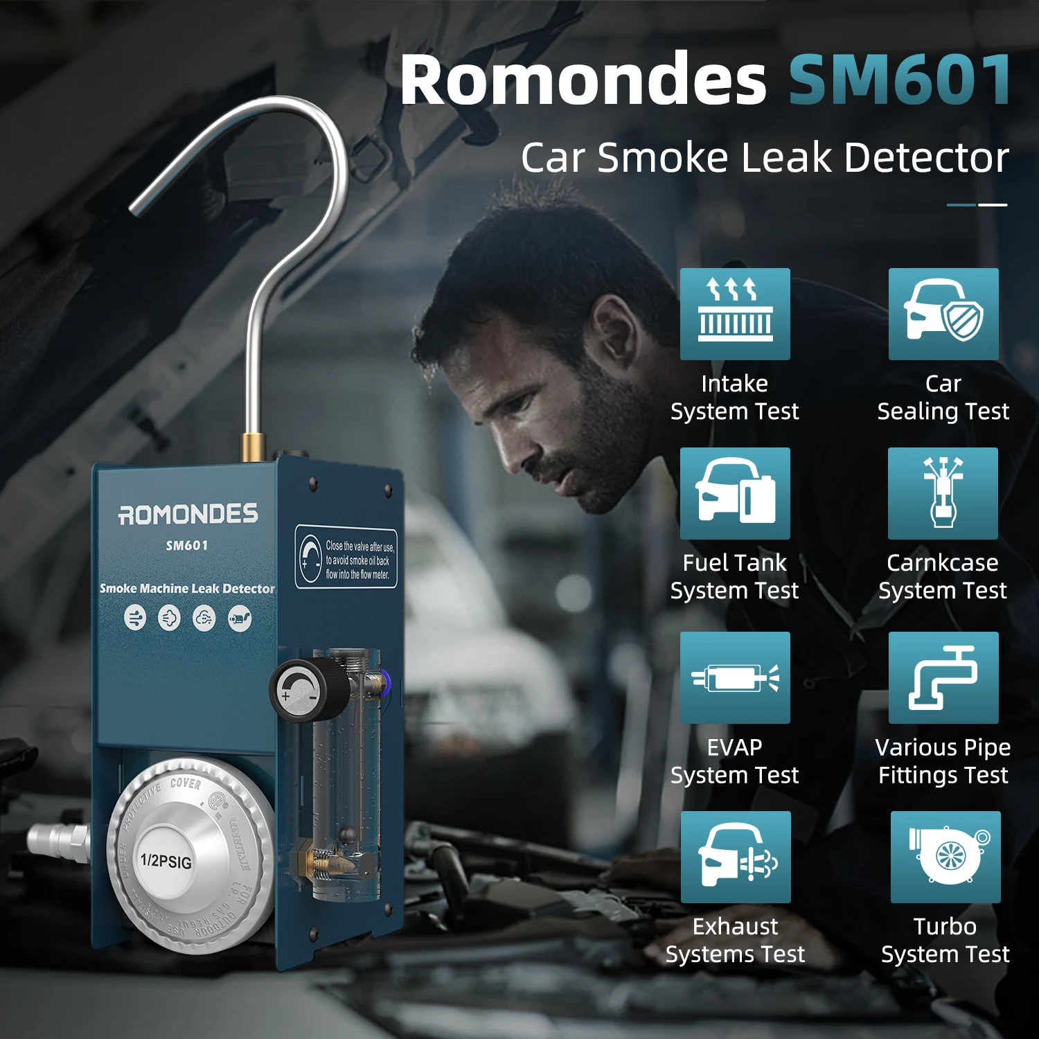 Romondes SM601 Car Smoke Leak Detector EVAP Smoke Machine Automotive Leak Detector Fuel Pipe Leakage Locator Diagnostic Tools