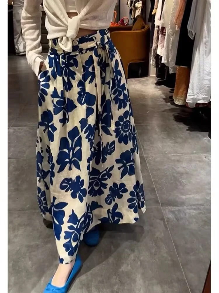 

Korean Holiday Sle Long Floral Print f Skirt Women's Summer New A-Line Belted High Waist Midi Skirt Commute Sle