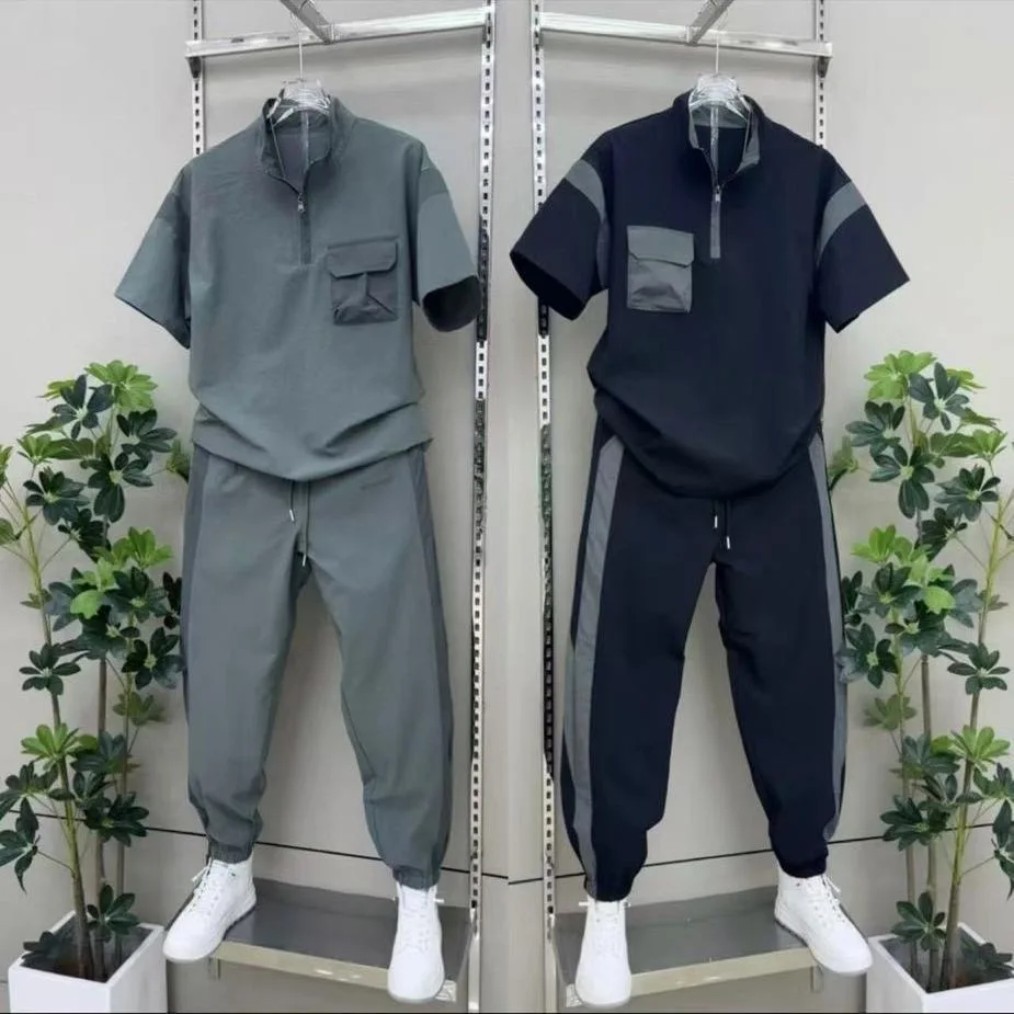 2025 Summer Outdoor Men's Fashion Leisure Breathable Set American Quick drying Stand up Collar Spliced Short Sleeve Pants 2pcs