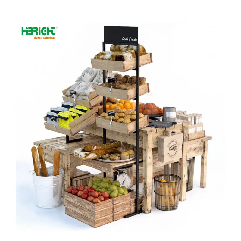 custom.Customized Size Wood Market Display Grocry Vegetable Fruit Dirty Food Display Stand Rack