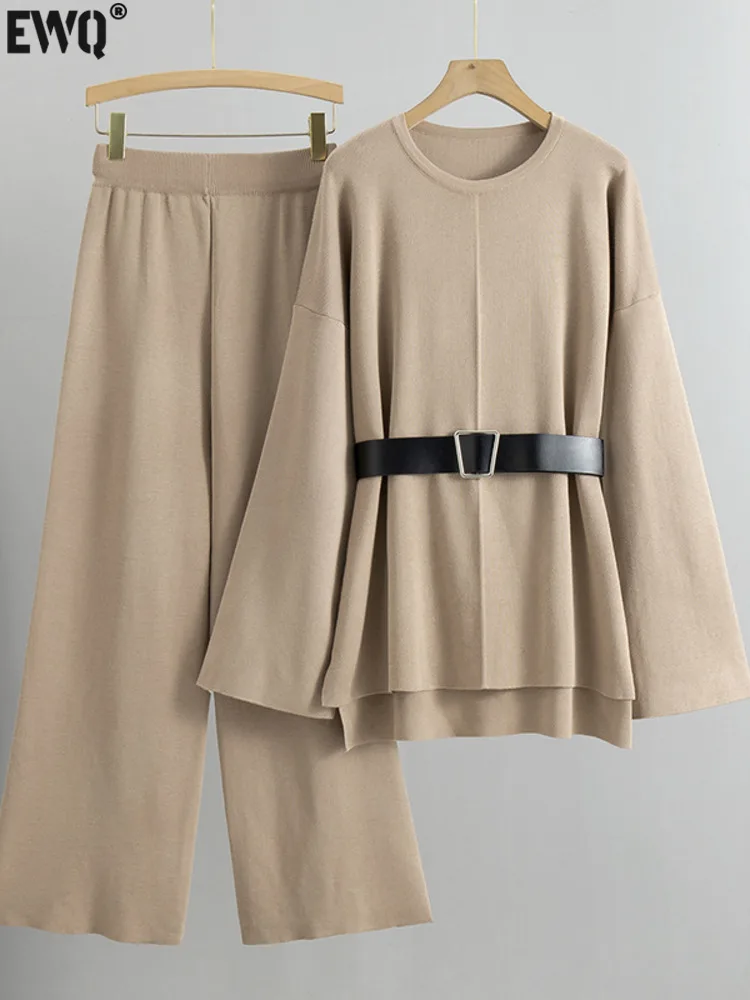 [EWQ] O-neck Pullover Long Sleeve Style Casual Belt Top Elastic Wasit Wide Leg Pants Knitted Two Piece Set 2025 Spring 16O4004