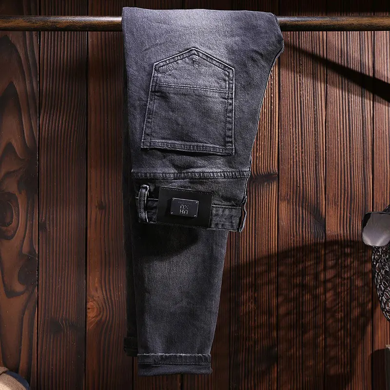 Designer Fashion Men Jeans High Quality Retro Black Gray Stretch Slim Fit Hole Ripped Jeans Men Street Vintage Denim Pants Homme