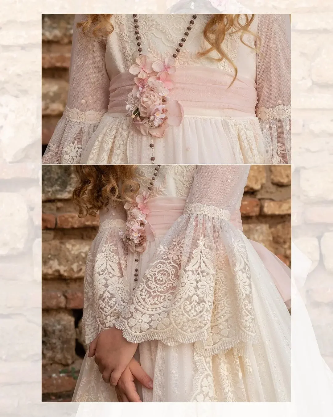 Vestido de comunión rosa para niños, Media manga y falda larga, bordado de flores rosas en el corpiño, vestido superior