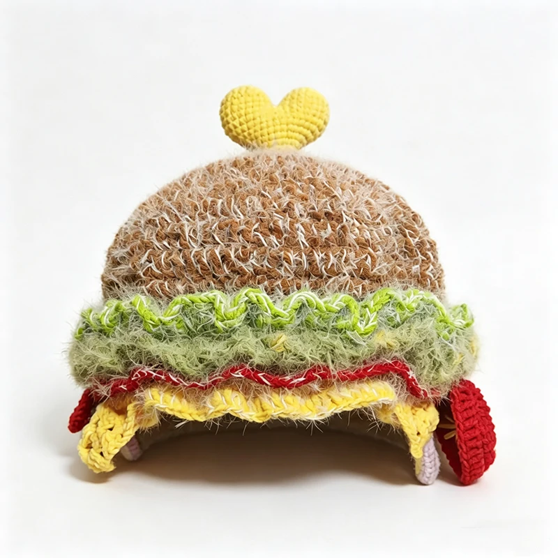 Handmade Hamburger Shaped Hat Women Custom Crochet Knit Heart Fast Food Beanie Men Funny Cosplay Kawaii Halloween Accessory Pets