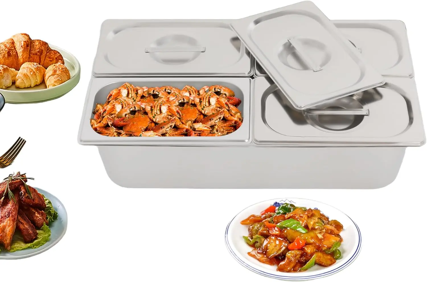 

Stainless Steel Insulated Food Serving Display Container with Clear Lids & Stainless Steel Lids, Countertop Food Servin