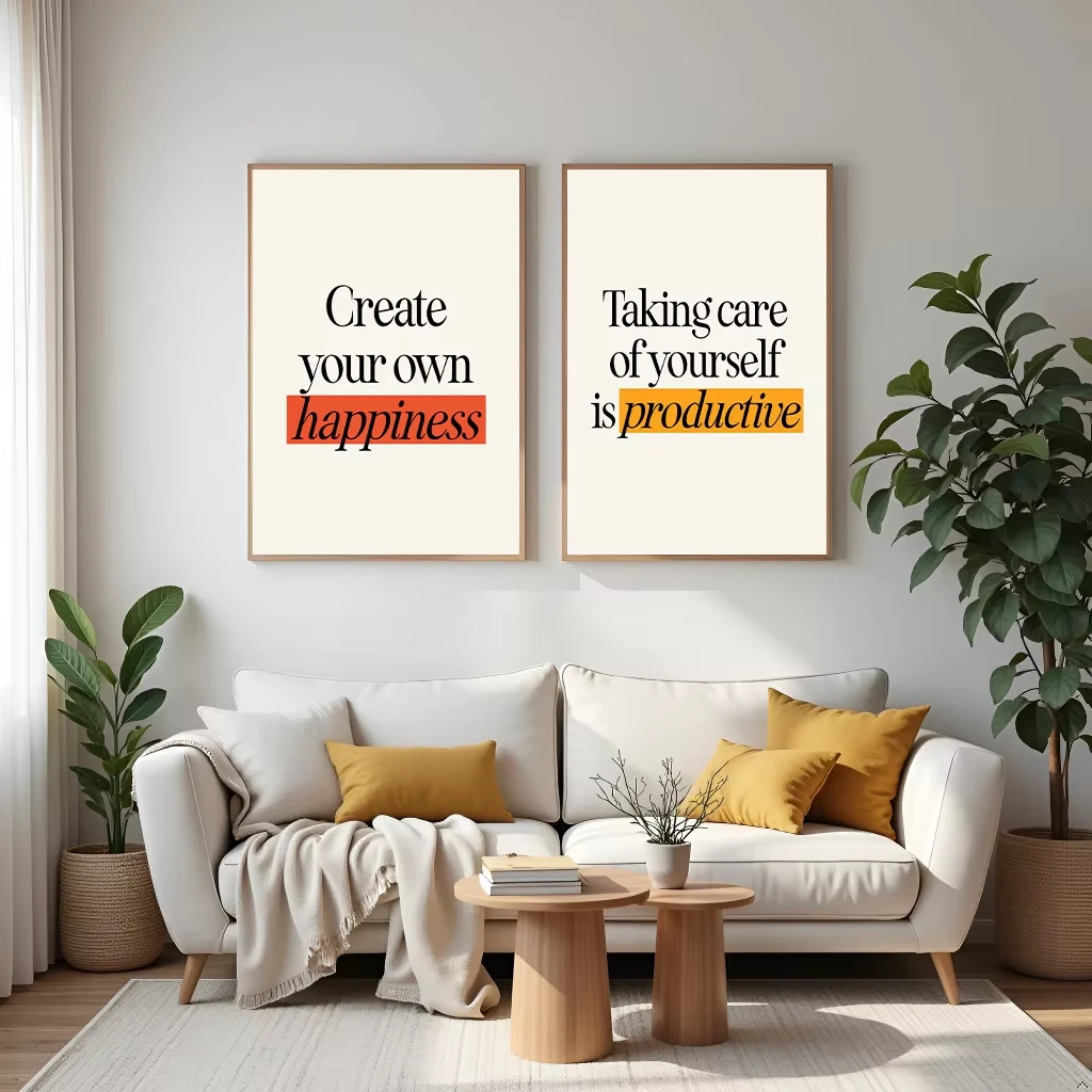 Beige and White Inspirational Quote Art Poster: “Create Your Own Happiness” Canvas Art for Home, Bedroom, and Office Decor
