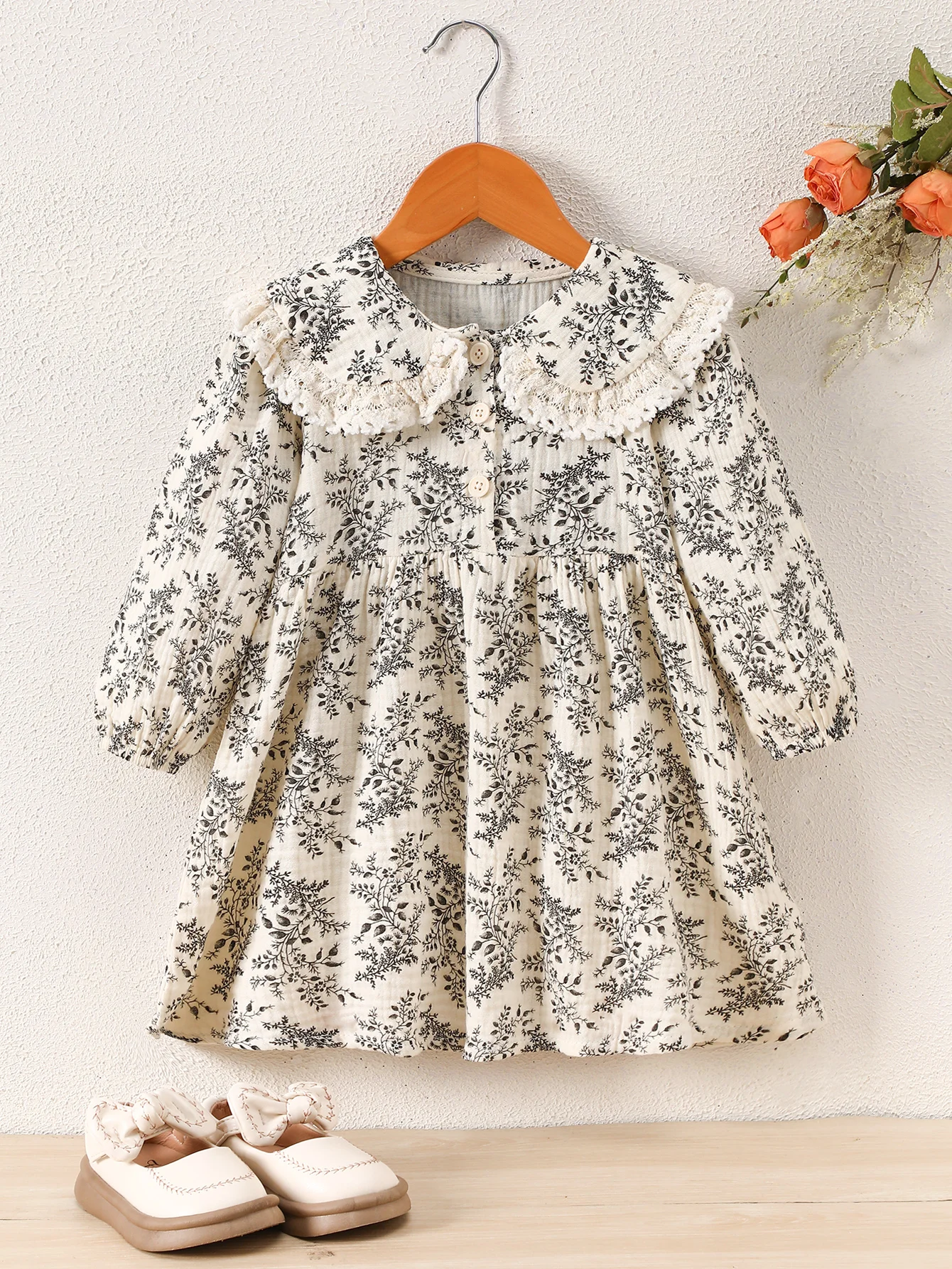 1-Piece Spring and Autumn Forest Style Cotton Gauze Double-Sided Crinkle Printed Dress for Young Children with Lace Trim and Turn-Down Collar, Casual Dress for Girls