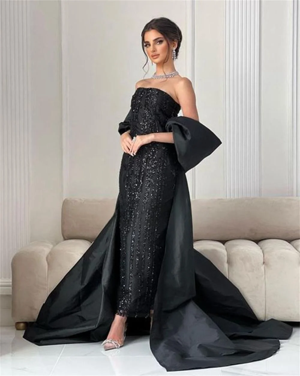 Amanda Black Sequins فساتين السهرة Cape Sleeve Prom Dress Luxury Knee Lenght Vestidos De Noche Straight فساتين مناسبة رسمية