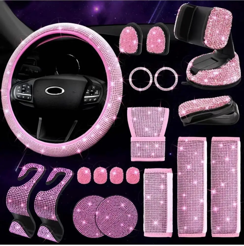 19 Pack Bling Car Accessories Set Rhinestone Bling Steering Wheel Cover Universal Fit 15 Inch Seat Belt Covers Car Decoration