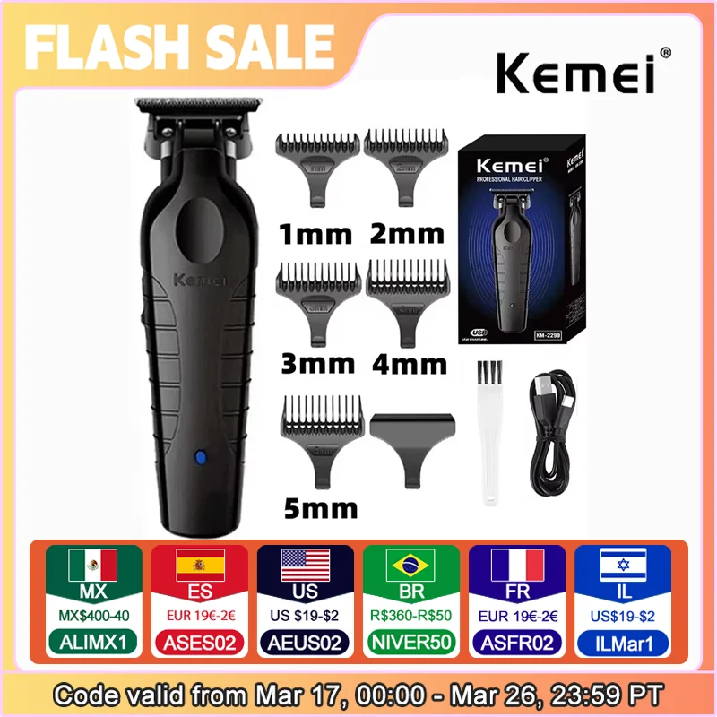 Kemei 2299 Barber Cordless Hair Trimmer 0mm Zero Gapped Carving Clipper Detailer Professional Electric Finish Cutting Machine