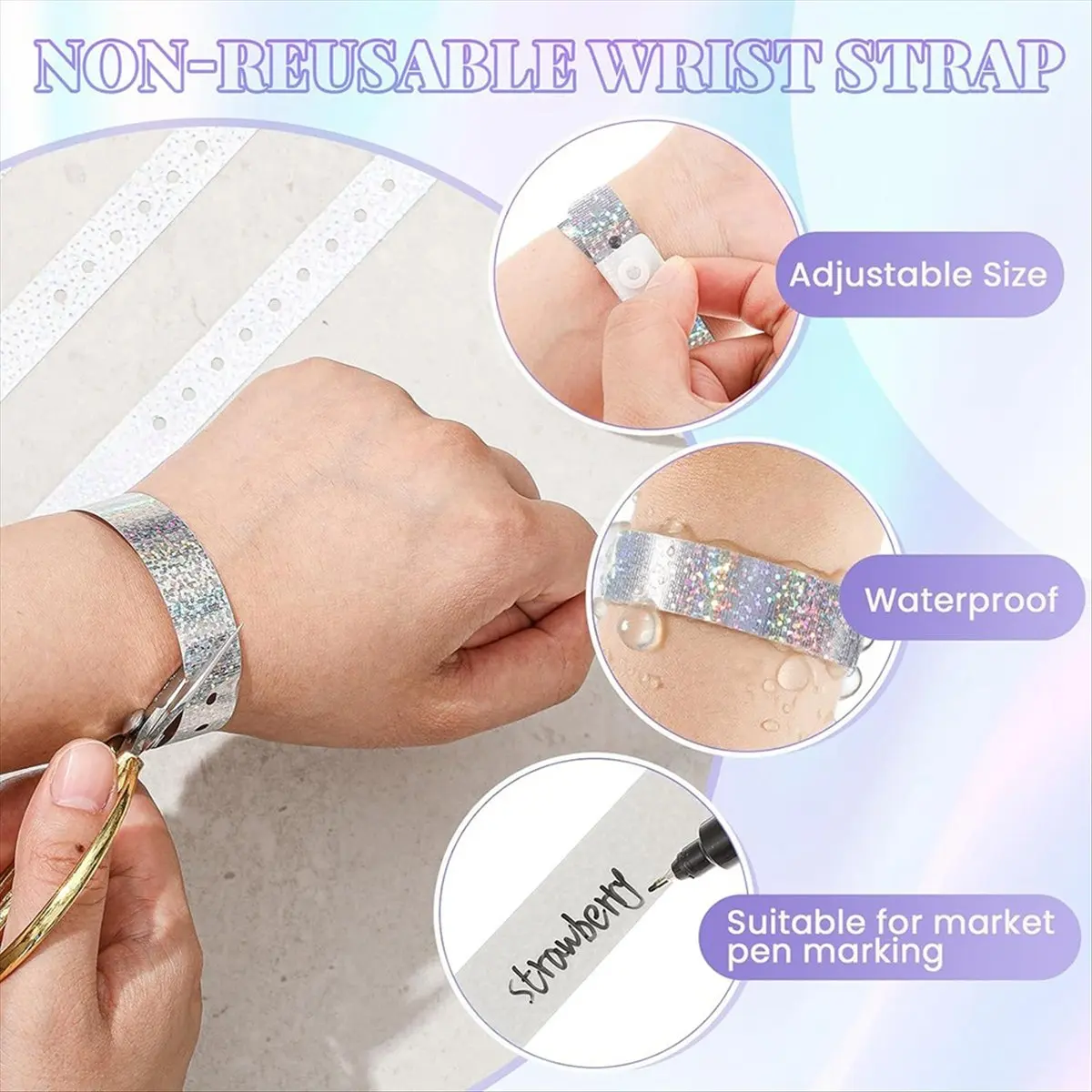 Latest ABBQ-300 Pcs Holographic Plastic Wristbands for Events Party, 3/5 X 9.84 Inch Waterproof Adjustable Wrist Bands