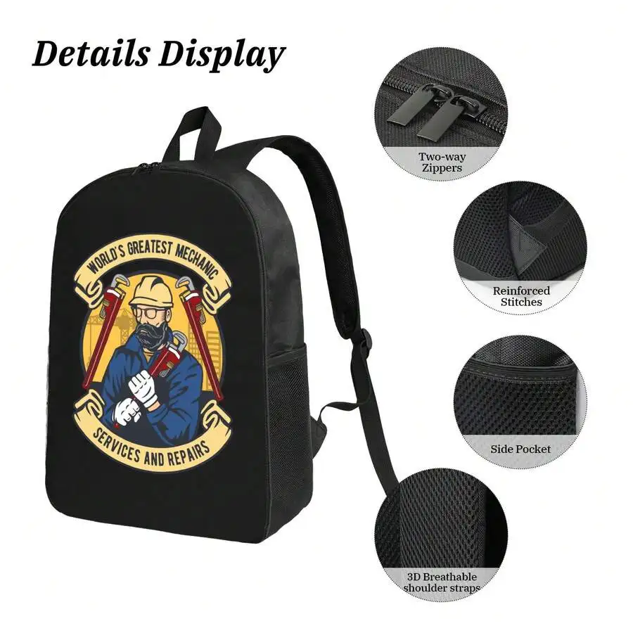 

Mechanic Themed Backpack With Two-Way Zipper And Breathable Straps