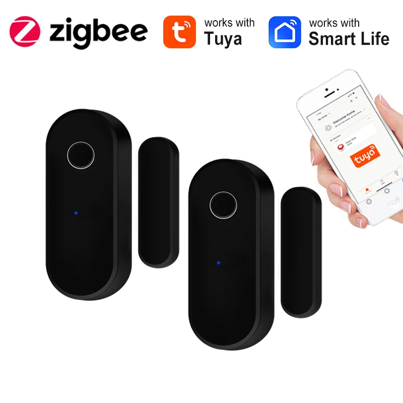 

Tuya Zigbee Door Sensor 2 pcs Black Window Detector Gateway Required Smart Life Instant APP Alerts for Security Theft Prevention