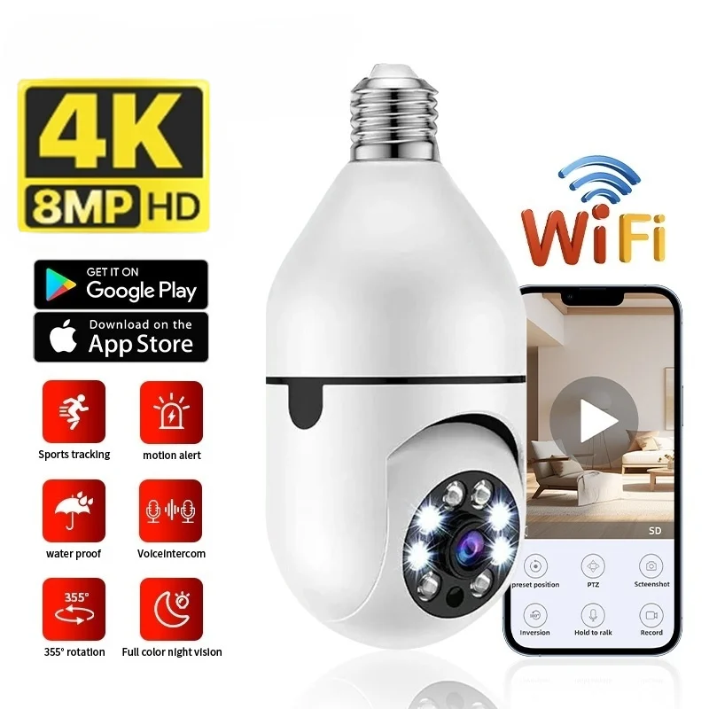 

8MP E27 Лампа Wi-Fi Камера Лампочка Камера безопасности Видеонаблюдение Радионяня Поддержка двустороннего аудио AI Обнаружение гуманоидов
