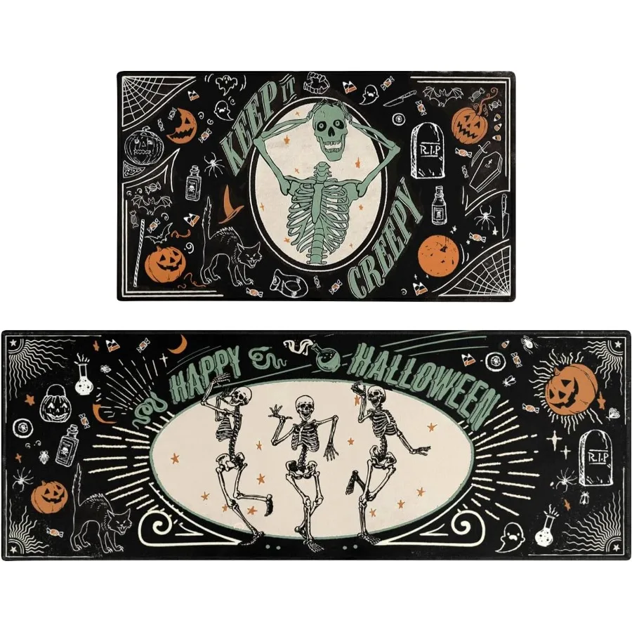 

Halloween Kitchen Mat Set of 2Happy Halloween Skeleton Creepy Mats and Rugs Non Skid Washable for Kitchen Home Decor Halloween