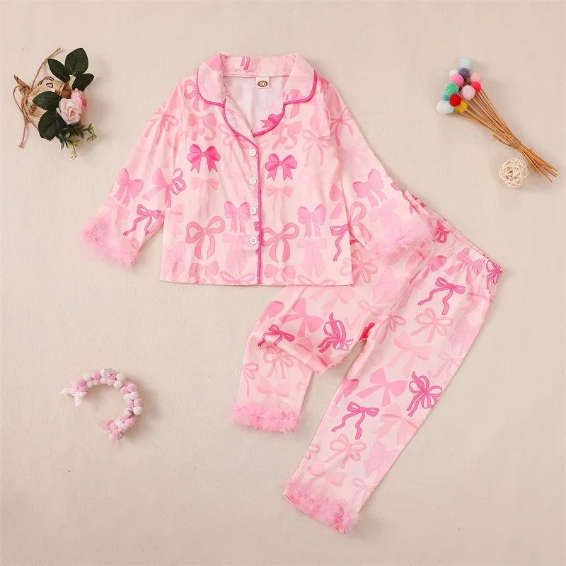 Kids Girls Pajamas Set Bowknot Print Feather Trim Shirts Tops Long Pants Fall 2 Pieces Lounge Suit Sleepwear