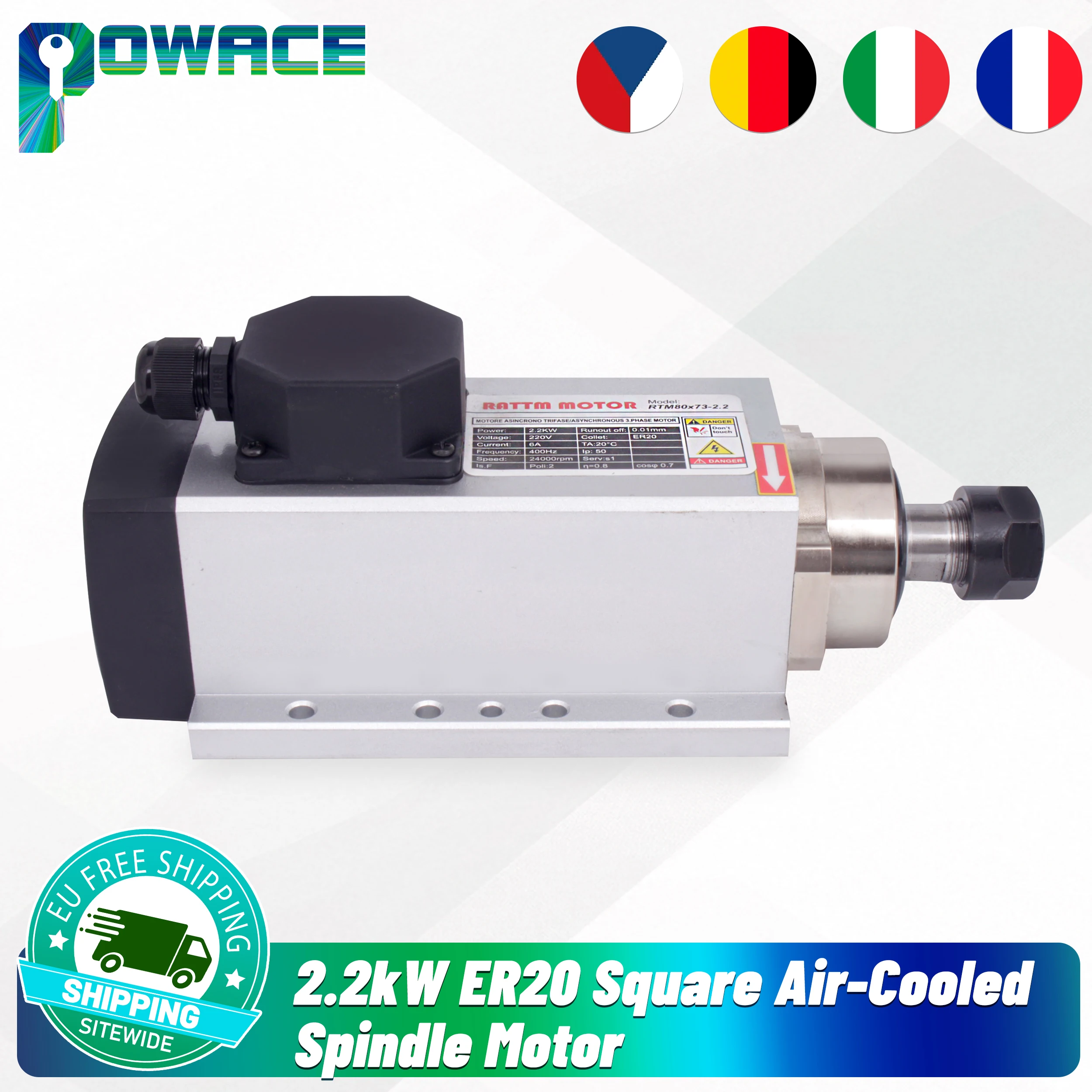 2.2kw CNC Square cnc air cooled Spindle Motor 24000RPM ER20 Runout-off 0.01mm 4bearing & 2.2KW HY VFD Inverter