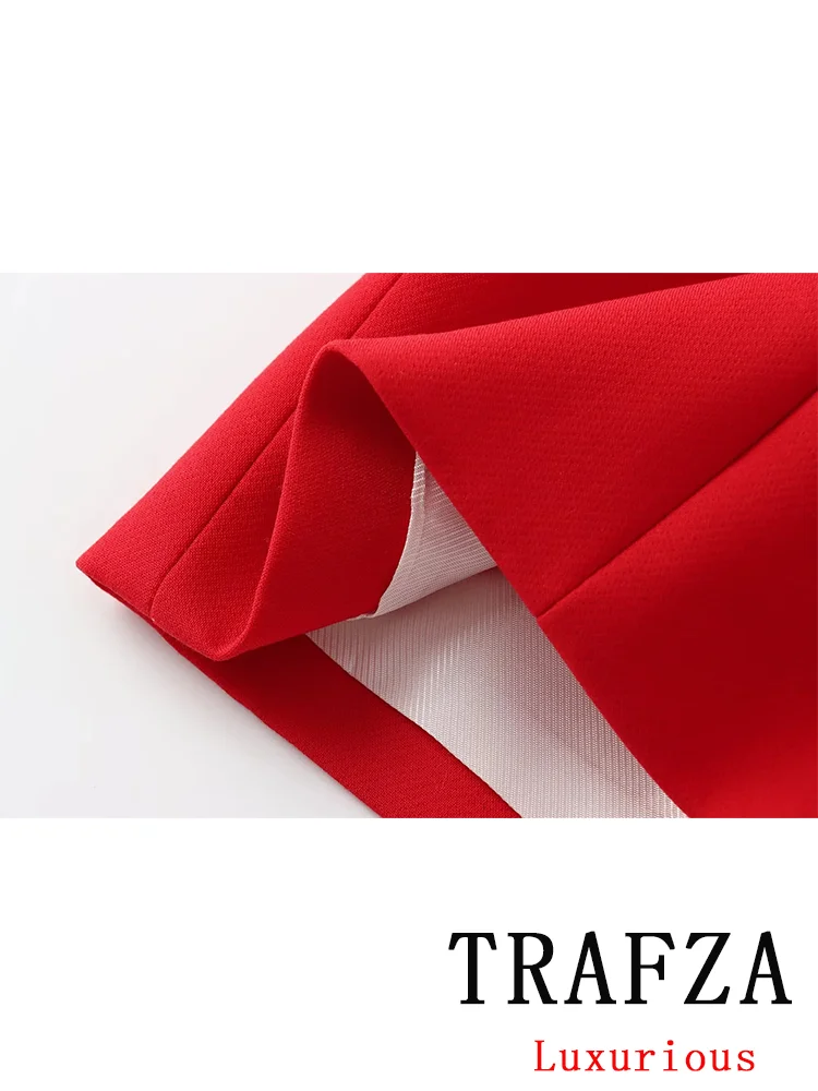 TRAFZA Vintage Office Lady Chic Red Women Suit Double Breasted Vest Straight Zipper Loose Pants New Fashion 2024 Summer Sets