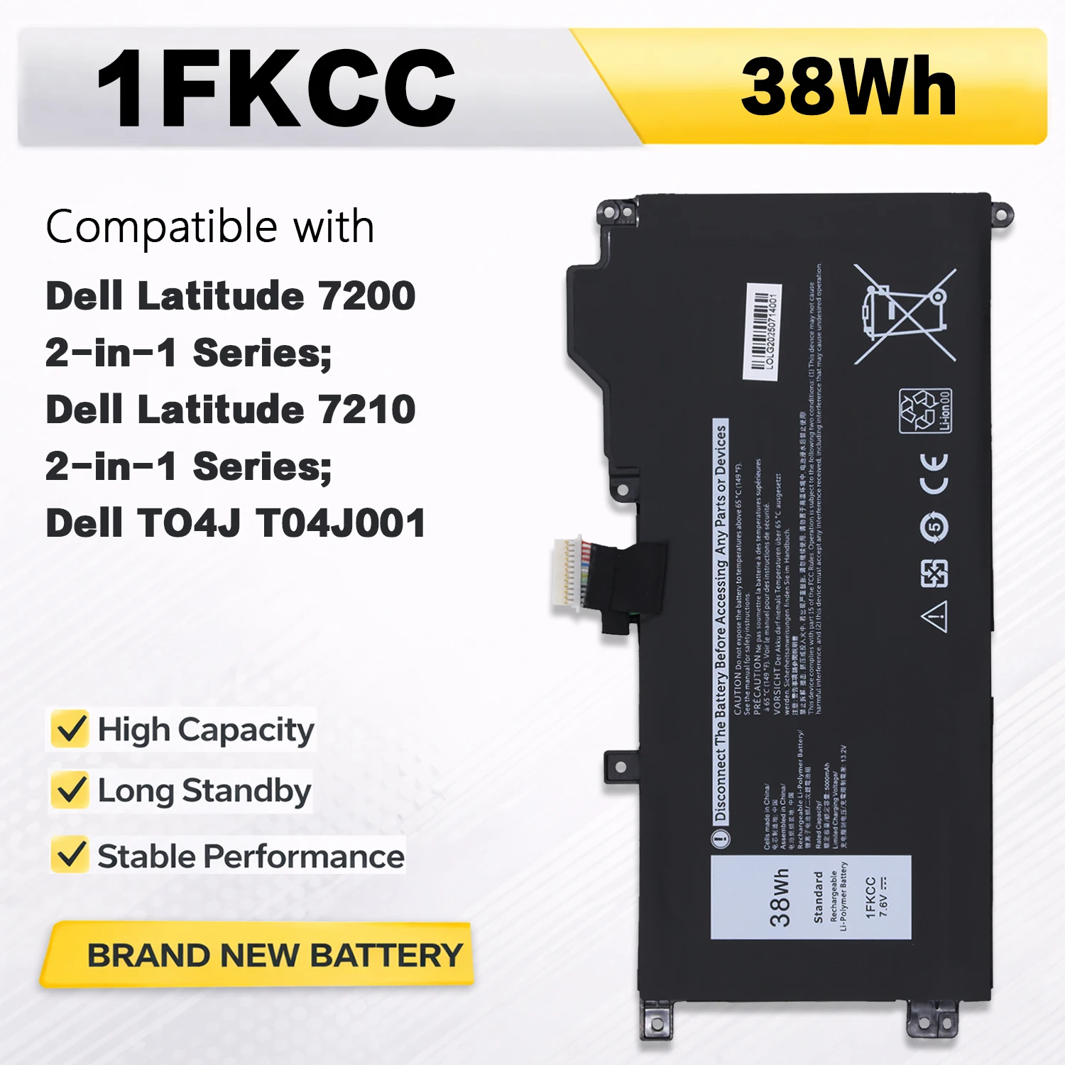 PowerHub 1FKCC 7.6V 38Wh Laptop Battery For Dell Latitude 7200 7210 2-in-1 Replace 9NTKM (09NTKM) D9J00 KWWW4