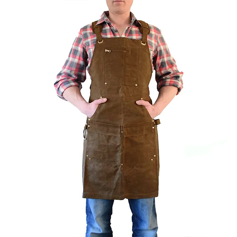 Super Thick Waxed Coating Waterproof Canvas Auto Mechanic Lumberjack Multifunctional Pocket Woodworking Large Size Apron For Man