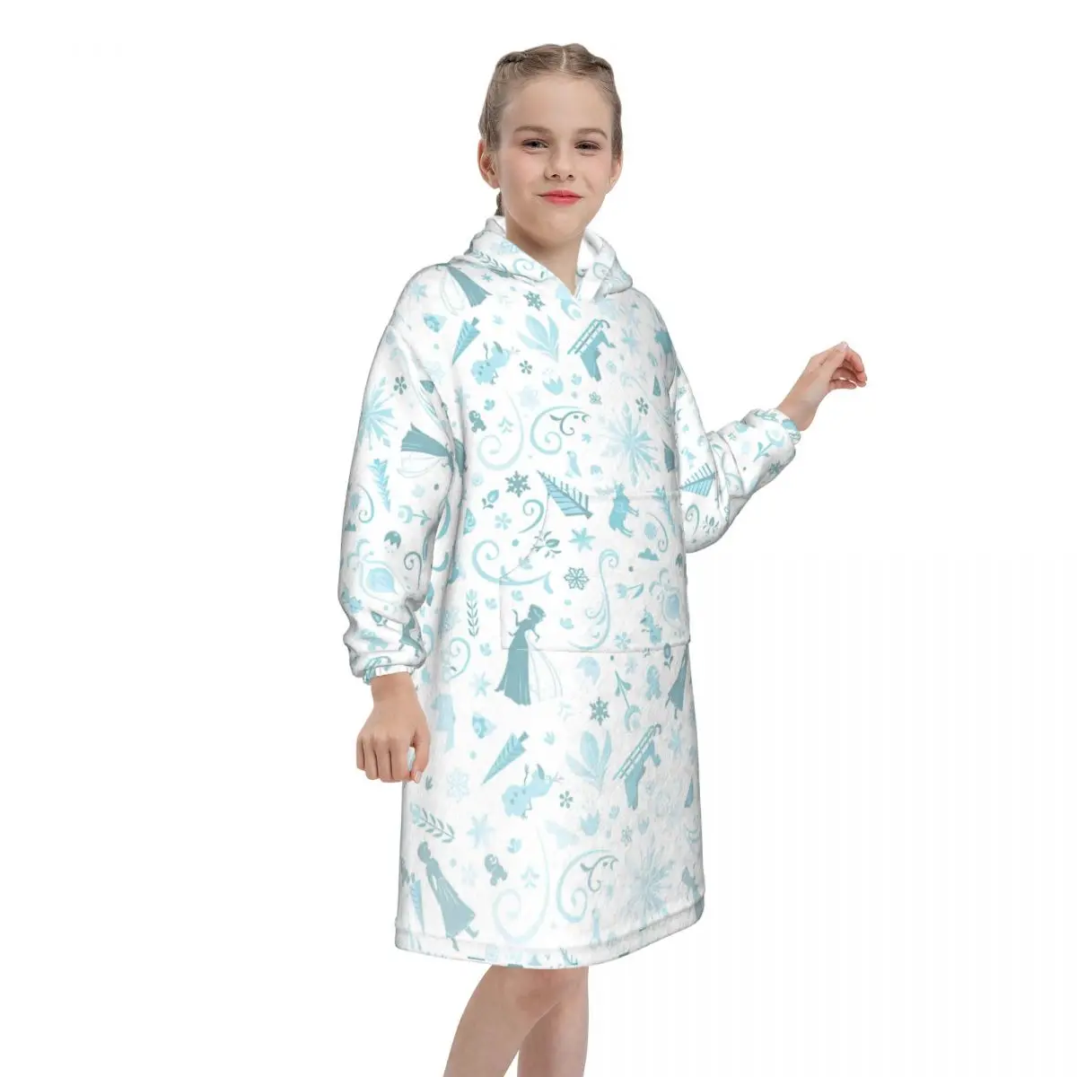 Frozen Elsa Princess Blanket Hoodie Wearable For Kids Onesie Blankets Oversize Pajamas with Pocket