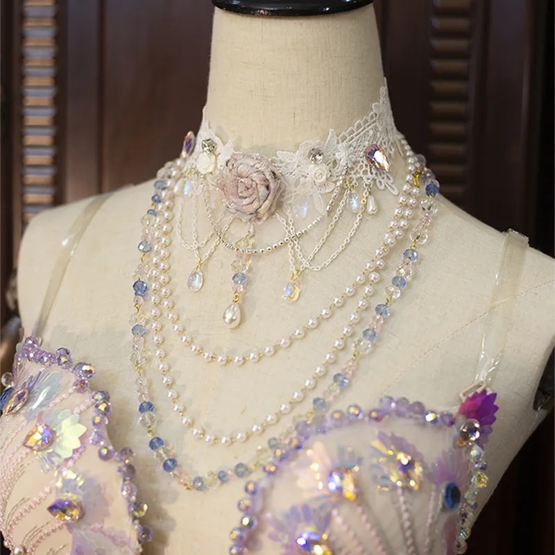 Japanese Original Heavy Gorgeous Industry Lolita Handmade Rose Lace Necklace Choker Pearl Crystal Accessories for Women