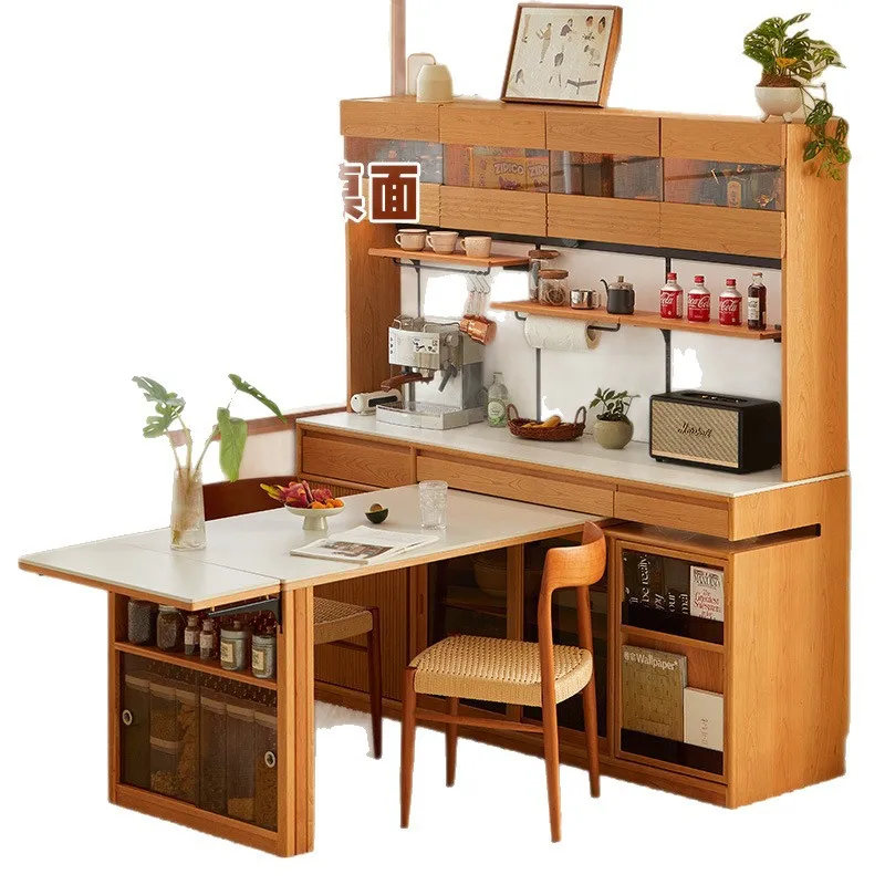 Cherry wood side cabinet, dining table integrated rotatable small apartment with one belt against the wall
