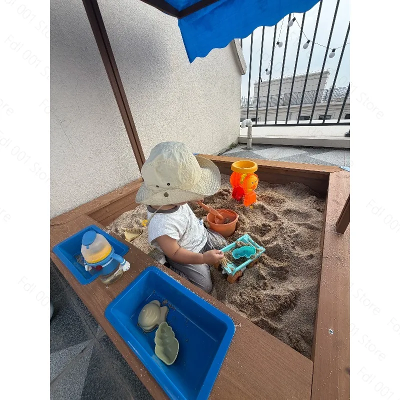 Square Sandpit For Kids With Red Roof DIY Assemble Wooden Playhouse Backyard Sand Box Toy With Sun Shade Canopy