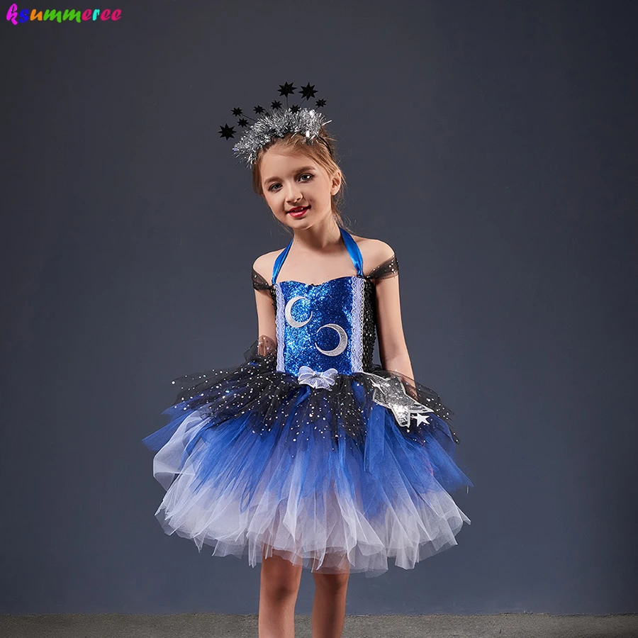 Stunning Glittering Galaxy Girls Tutu Dress Night Sky Stars Moon Kids Halloween Costume Sparkly Pageant Gala Party Ball Gown