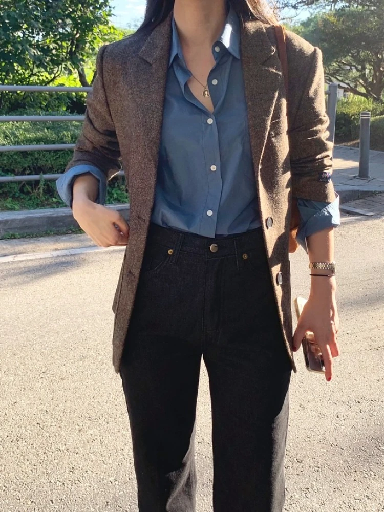 Franse Retro Klassieke Jasje Damesmode Single-breasted Wollen Jasje Vrouwelijke Herfst Winter Lange Mouw Uitloper Jassen