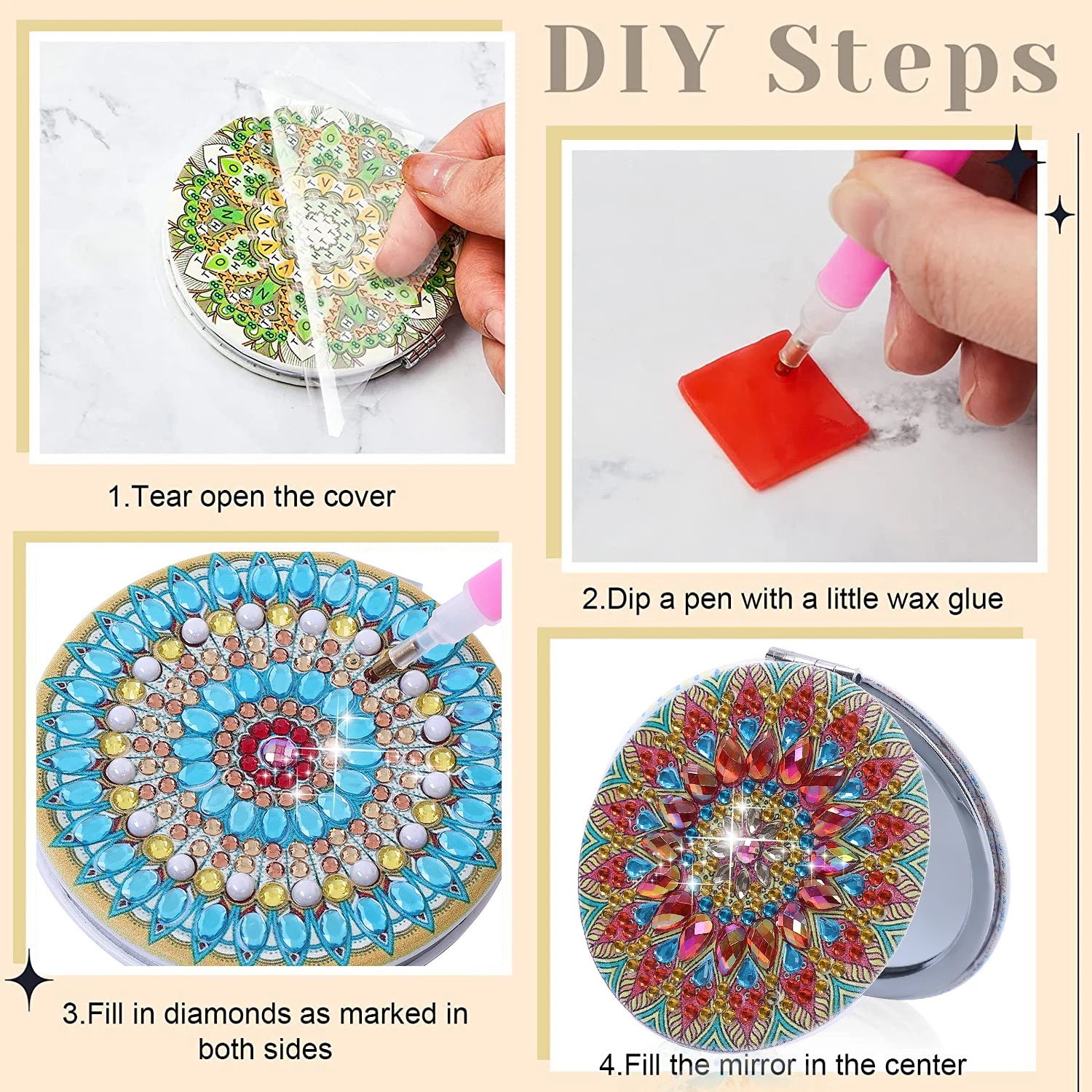 1pc/Set DIY Mandala Diamond Art Compact Mirror Leather Portable Folding Mirror Kit Diamond Painting Pocket Mirror for Adults