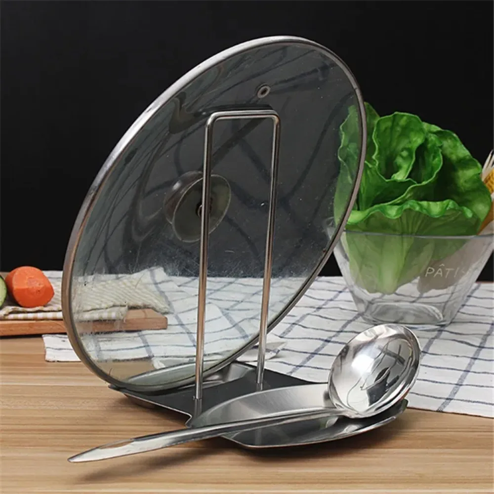 Stainless Steel Pan Pot Cover Stand Silver Color Soup Spoon Holder Drain Rack Stove Organizer Storage Kitchen Accessories image 2