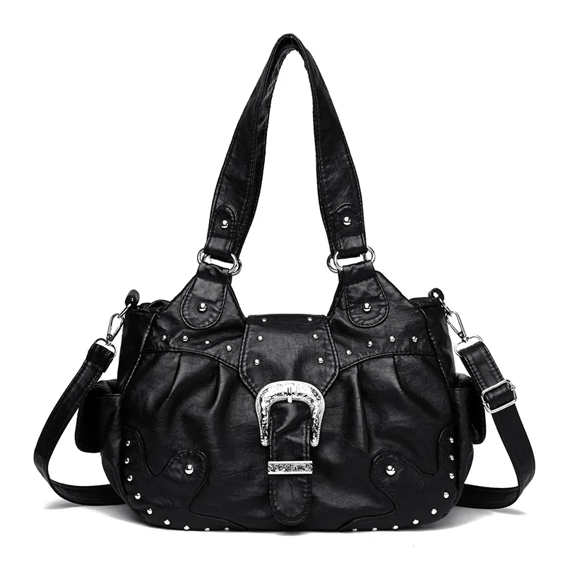 

2025 Vintage Punk Shoulder Bags For Women Fashionable River Crossbody Bags Large Capacity Leather Tote Bags For Travel Daily