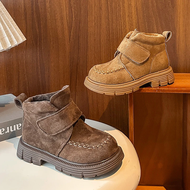 

Children Princess Boots Retro British Style Girls Fashion Ankle Boots Suede Warm 2025 Winter New Kids Short Boots Hook&loop Soft