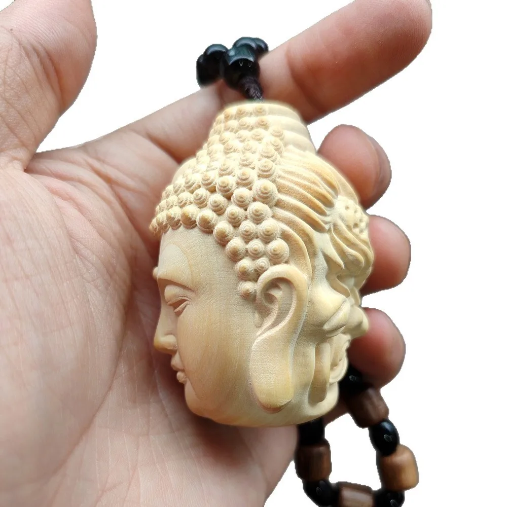 Boxwood Hand‑Carved Buddha‑Demon Hand‑Piece Pendant, One‑Thought Good‑Evil Buddha‑Head Figurine Ornament For Collection