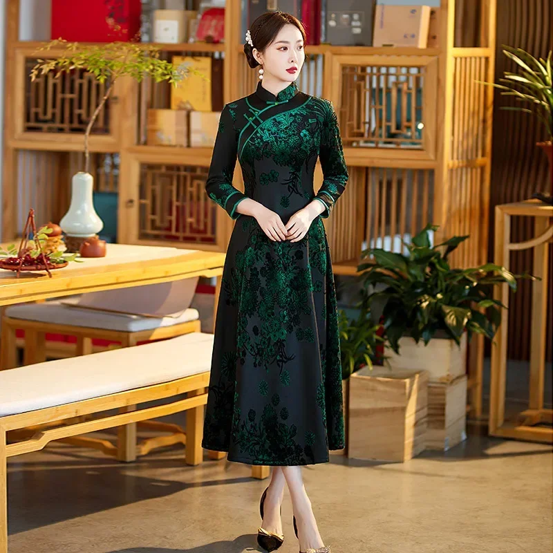 

Plus Size 4Xl Qipao Velour Cheongsam Elegant Chinese Style Dress Women New Year Qipaos Long Elegant Vestidos A-Line Cheongsam