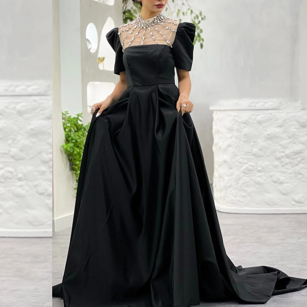 

High Quality Sparkle Exquisite Satin Rhinestone Valentine's Day A-line High Collar Bespoke Occasion Gown Long Dresses