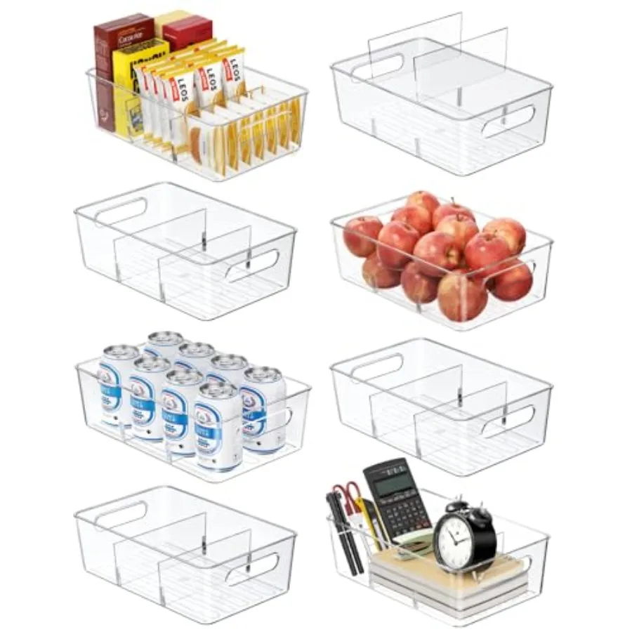 

Pantry Organizers and Storage, 8 Pack Snack Organizer for Pantry Shelf, Food Storage Bins with Divider, Clear Containers for Or